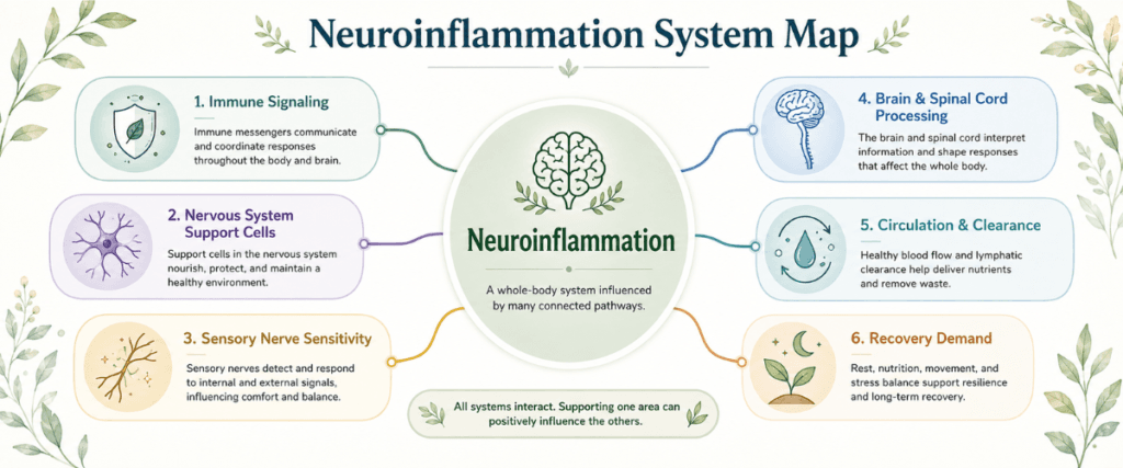 Neuroinflammation system map showing immune signaling, nervous system support cells, nerve sensitivity, circulation, and recovery demand.