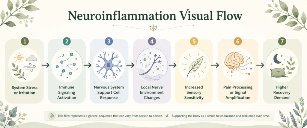 Educational neuroinflammation flow from system stress to immune signaling, nerve sensitivity, pain processing, and recovery demand.