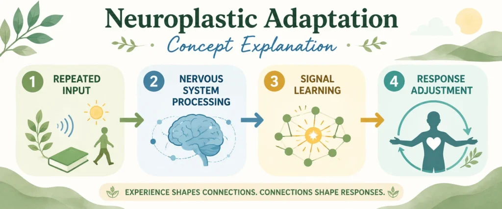 Neuroplastic Adaptation Concept Explanation Simple educational image showing repeated input leading to nervous system processing, signal learning, and response adjustment.