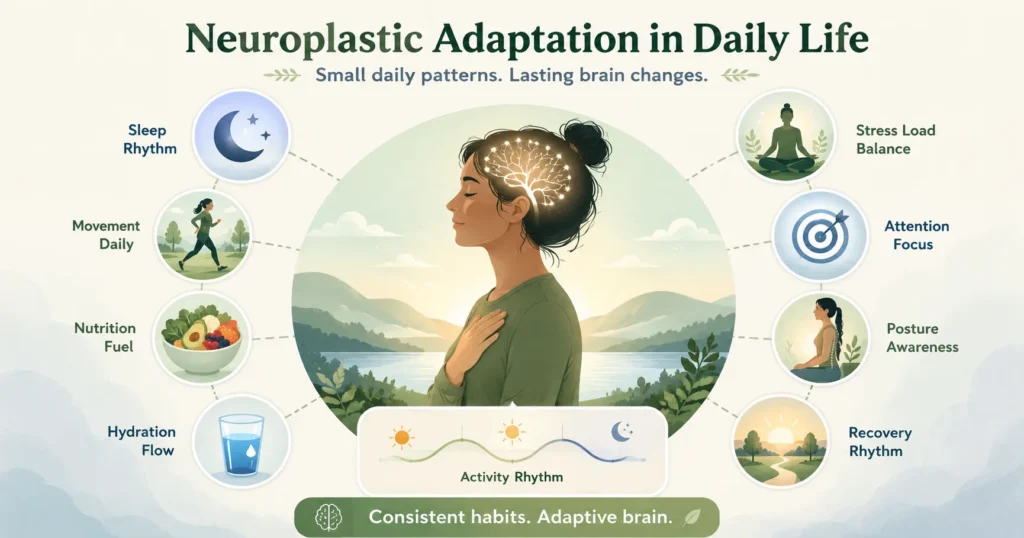 Neuroplastic Adaptation Daily Life Example Daily-life visual showing a calm person surrounded by icons for sleep, movement, breathing, attention, stress load, hydration, and recovery rhythm.