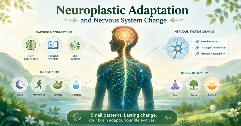 Neuroplastic Adaptation and Nervous System Change Calm educational visual showing a human silhouette with gentle nervous system pathways, learning signals, daily pattern icons, and recovery rhythm elements.