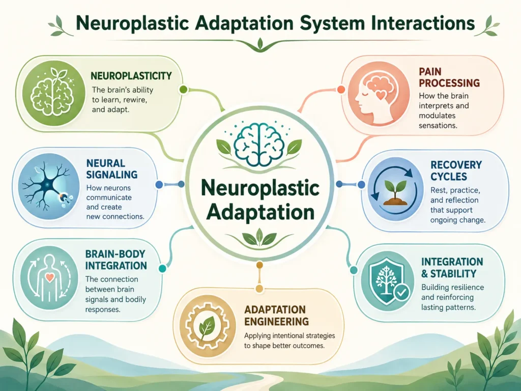 Neuroplastic Adaptation System Interactions Interaction map showing Neuroplastic Adaptation linked to neuroplasticity, neural signaling, pain processing, brain-body integration, recovery cycles, and adaptation engineering.