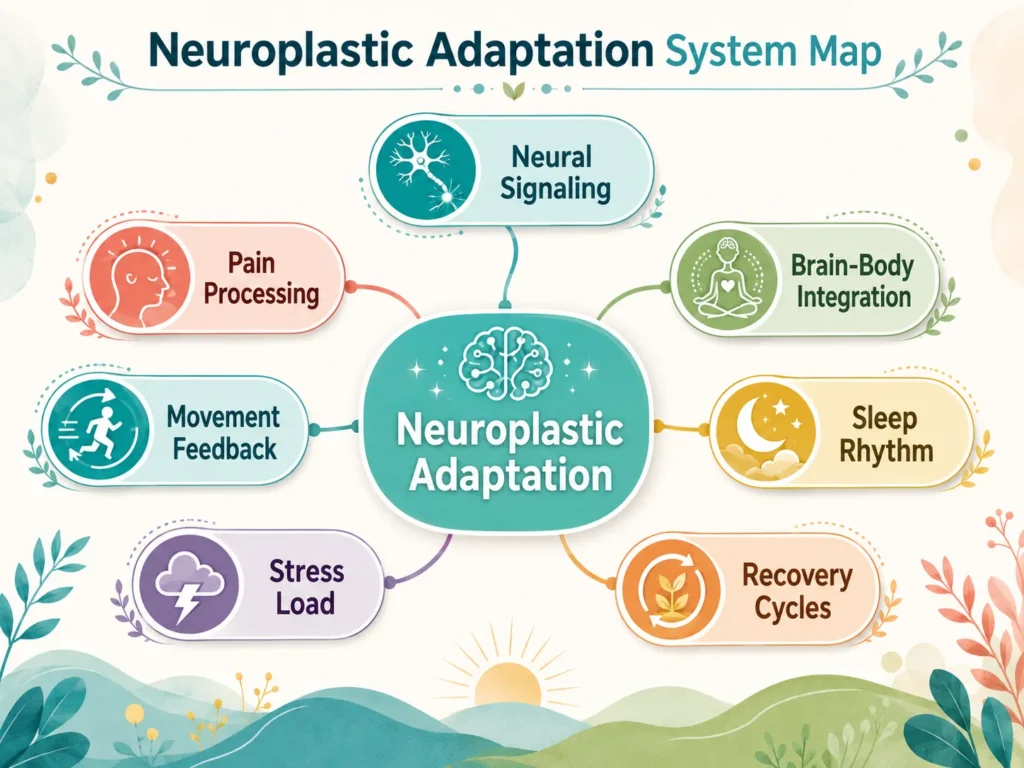 Neuroplastic Adaptation System Map System map showing Neuroplastic Adaptation connected to neural signaling, pain processing, brain-body integration, movement feedback, sleep rhythm, stress load, and recovery cycles.