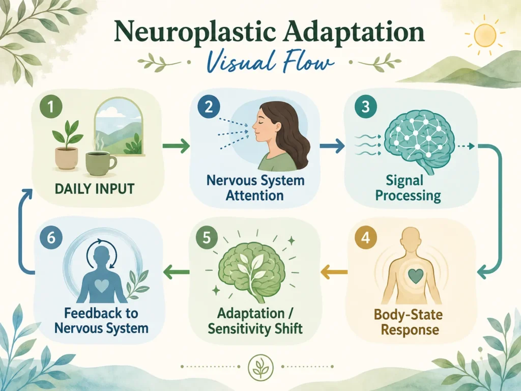 Neuroplastic Adaptation Visual Flow Flow infographic showing daily input leading to nervous system attention, signal processing, body response, adaptation or sensitivity shift, and feedback to the nervous system.