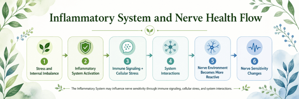 Inflammatory System flow diagram showing how stress and internal imbalance may influence nerve sensitivity through immune signaling, cellular stress, and system interactions.