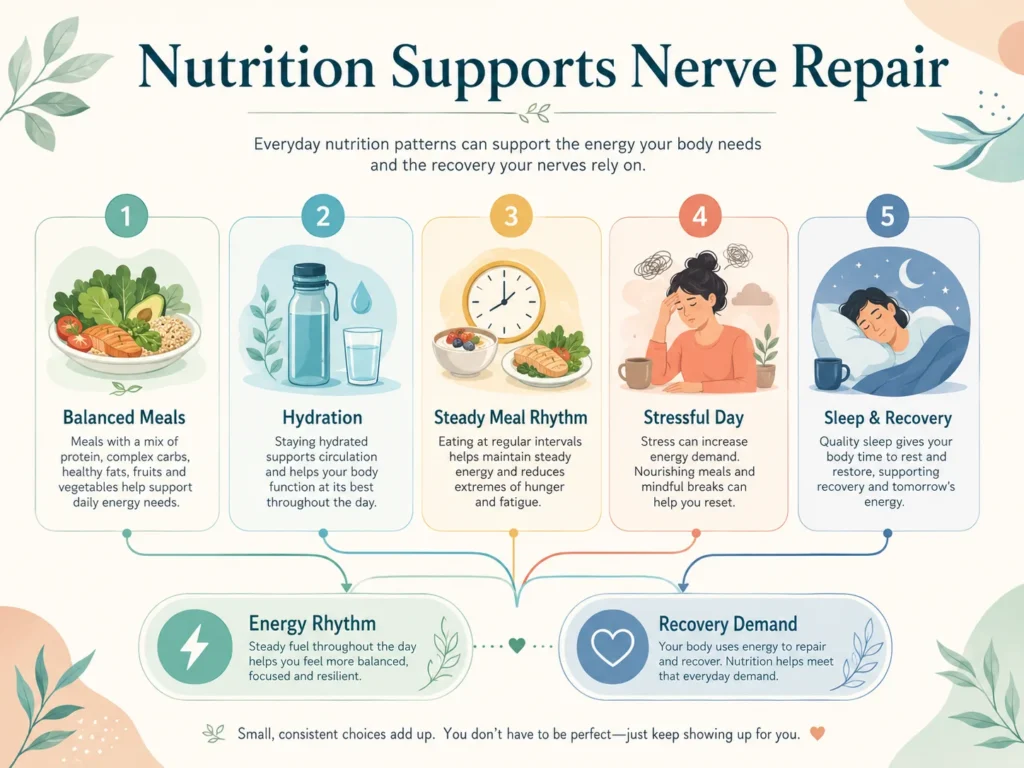 Daily-Life Patterns and Nutrition Supports Nerve Repair Daily-life patterns showing balanced meals, hydration, sleep rhythm, stress, and movement connected with Nutrition Supports Nerve Repair.