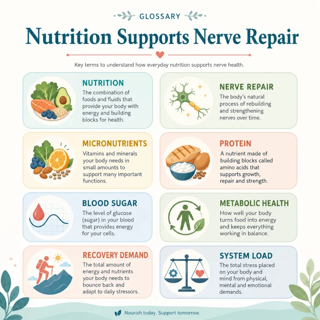 Plain Meaning of Nutrition Supports Nerve Repair Glossary visual explaining nutrition, micronutrients, blood sugar, recovery demand, and nerve repair education.