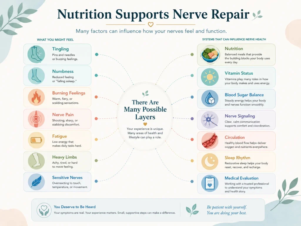 Nutrition and Nerve Symptom Language Bridge Nutrition symptom bridge showing tingling, numbness, burning feelings, fatigue, and sensitive nerves as symptoms with many possible causes.