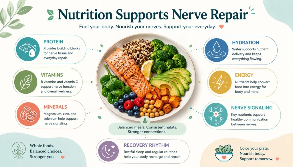 Nutrition Supports Nerve Repair Nutrition Supports Nerve Repair educational visual showing balanced food, nutrients, nerve signaling, and recovery demand.