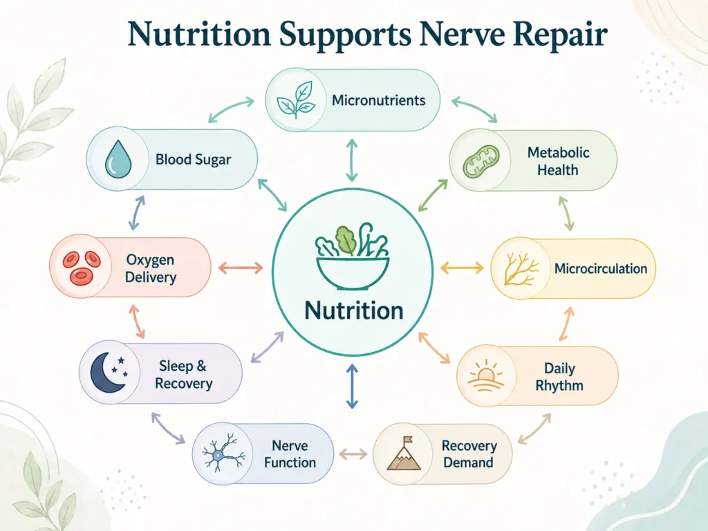 Nutrition Supports Nerve Repair Interactions Nutrition Supports Nerve Repair interactions with micronutrients, blood sugar, oxygen delivery, microcirculation, sleep, and recovery demand.