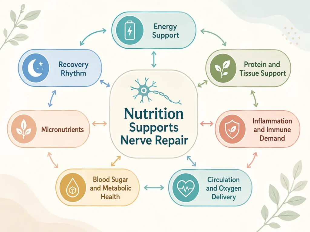 Key Layers of Nutrition Supports Nerve Repair Nutrition Supports Nerve Repair system map showing energy, protein, micronutrients, blood sugar, circulation, and recovery rhythm.