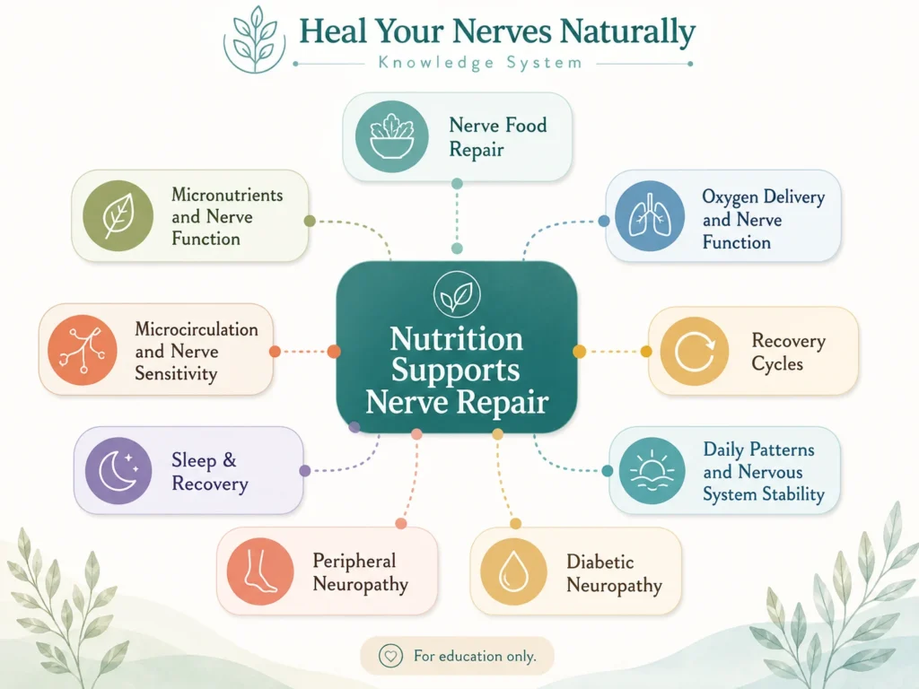Nutrition Supports Nerve Repair Topic Cluster Map Nutrition Supports Nerve Repair topic cluster map showing related pages such as Nerve Food Repair, Micronutrients and Nerve Function, Oxygen Delivery, Microcirculation, Recovery Cycles, Sleep Recovery, Daily Patterns, Peripheral Neuropathy, and Diabetic Neuropathy.