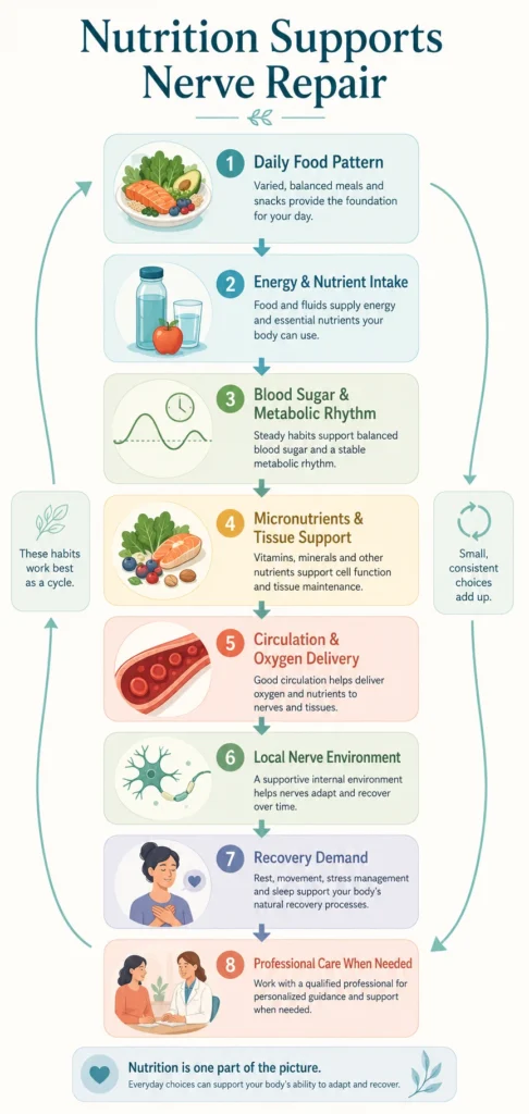 Nutrition Supports Nerve Repair Visual Flow Nutrition Supports Nerve Repair visual flow from food pattern to energy, blood sugar, micronutrients, circulation, nerve environment, and recovery demand.