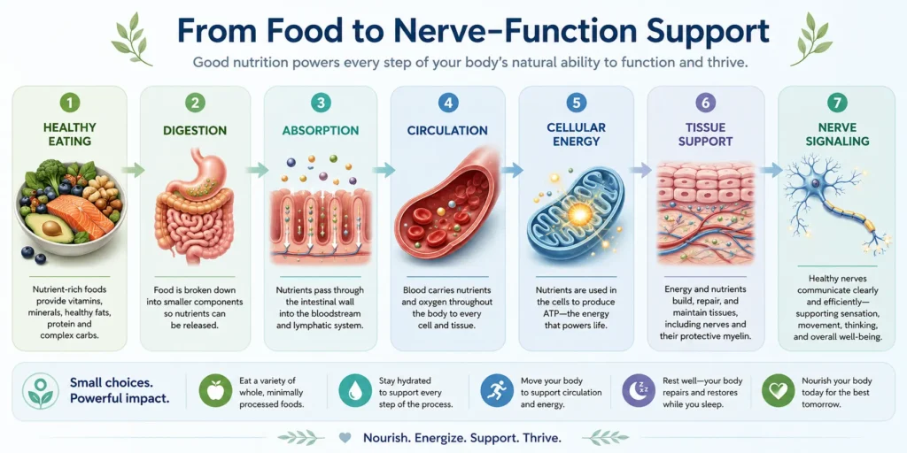 Nutrition and Nerve Function Flow Diagram Flow infographic showing nutrition absorption circulation and nerve support