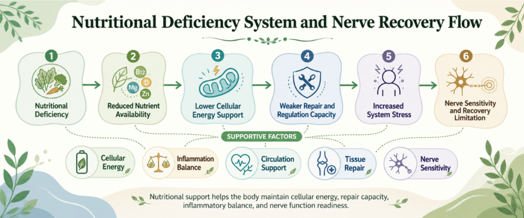 Educational infographic showing how nutritional deficiency system may affect cellular energy, repair capacity, inflammation balance, and nerve sensitivity.