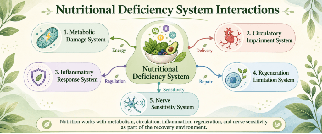 Organic infographic showing how the Nutritional Deficiency System interacts with metabolic, circulatory, inflammatory, regeneration, and nerve sensitivity systems.