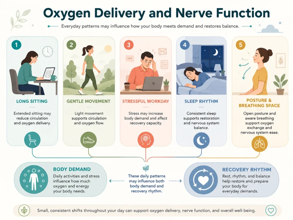 Daily-Life Patterns and Oxygen Delivery Daily-life patterns showing long sitting, stress, sleep rhythm, gentle movement, and posture connected with Oxygen Delivery.
