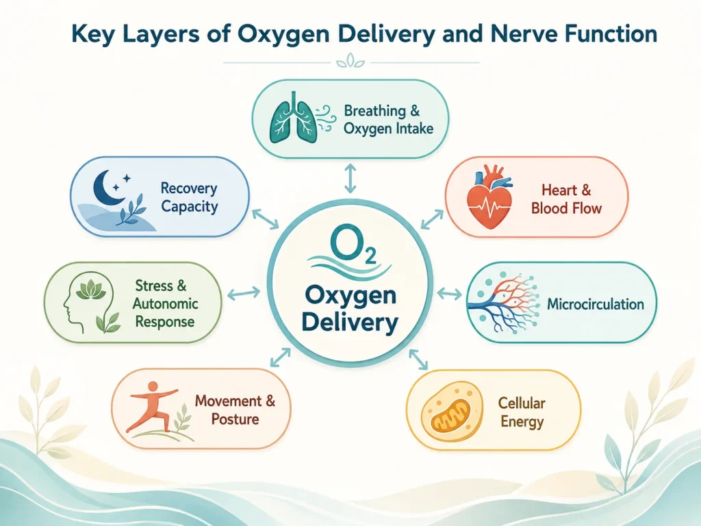 Key Layers of Oxygen Delivery and Nerve Function Oxygen Delivery system map showing breathing, blood flow, microcirculation, cellular energy, movement, stress, and recovery capacity.