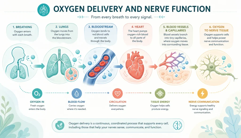 Oxygen Delivery and Nerve Function Oxygen Delivery and Nerve Function educational visual showing oxygen, blood flow, circulation, and nerve signaling.