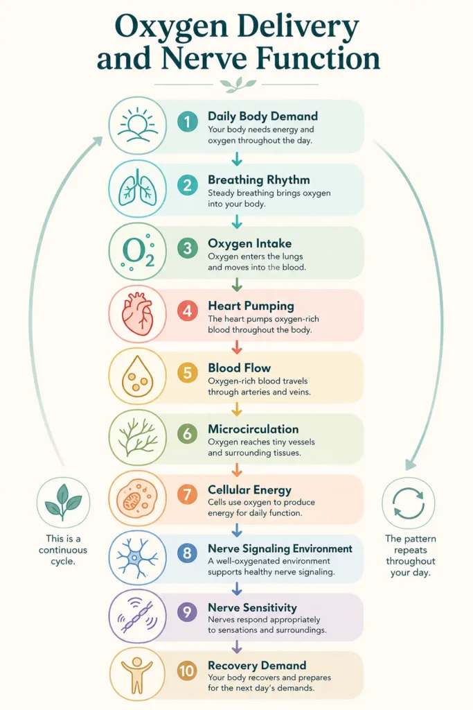 Oxygen Delivery and Nerve Function Visual Flow Oxygen Delivery and Nerve Function visual flow from daily body demand to breathing, blood flow, microcirculation, nerve signaling, and recovery demand.
