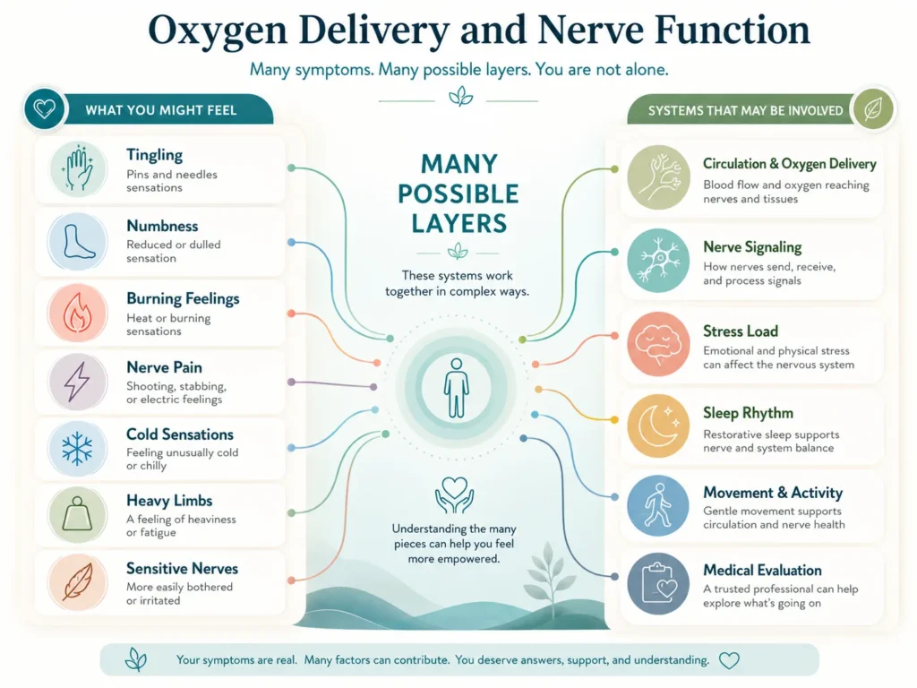 Oxygen Delivery and Nerve Symptom Language Bridge Oxygen Delivery symptom bridge showing tingling, numbness, burning feelings, nerve pain, and sensitive nerves as symptoms with many possible causes.