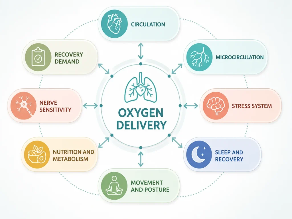 Oxygen Delivery System Interactions Oxygen Delivery interactions with circulation, microcirculation, stress, sleep, movement, nutrition, metabolism, and nerve sensitivity.