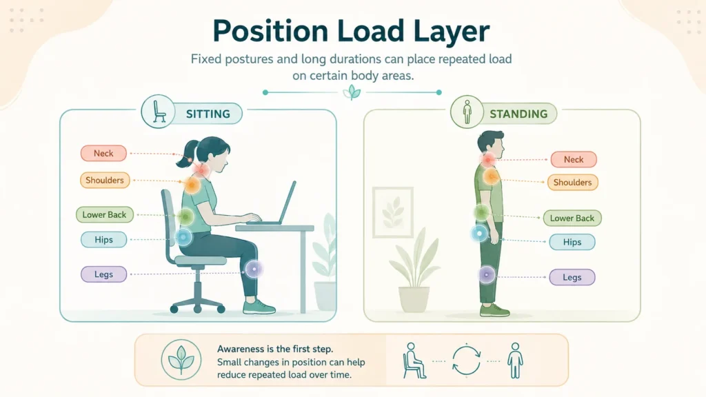 Posture Position Load Layer Illustration showing how repeated posture positions may increase body load around muscles and joints.