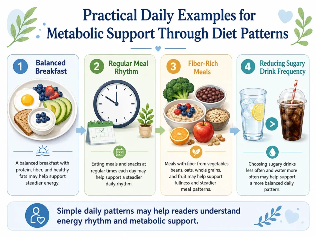 Practical infographic showing balanced breakfast, meal rhythm, fiber-rich meals, and lower sugary drink frequency for metabolic support education.
