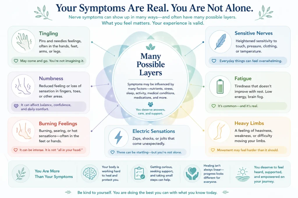 Real-Life Nerve Symptom Language Educational symptom language cards for tingling numbness burning and sensitivity
