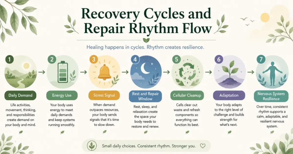 Recovery cycles flow from daily demand to energy use, stress signal, rest and repair window, cellular cleanup, adaptation, and nervous system resilience