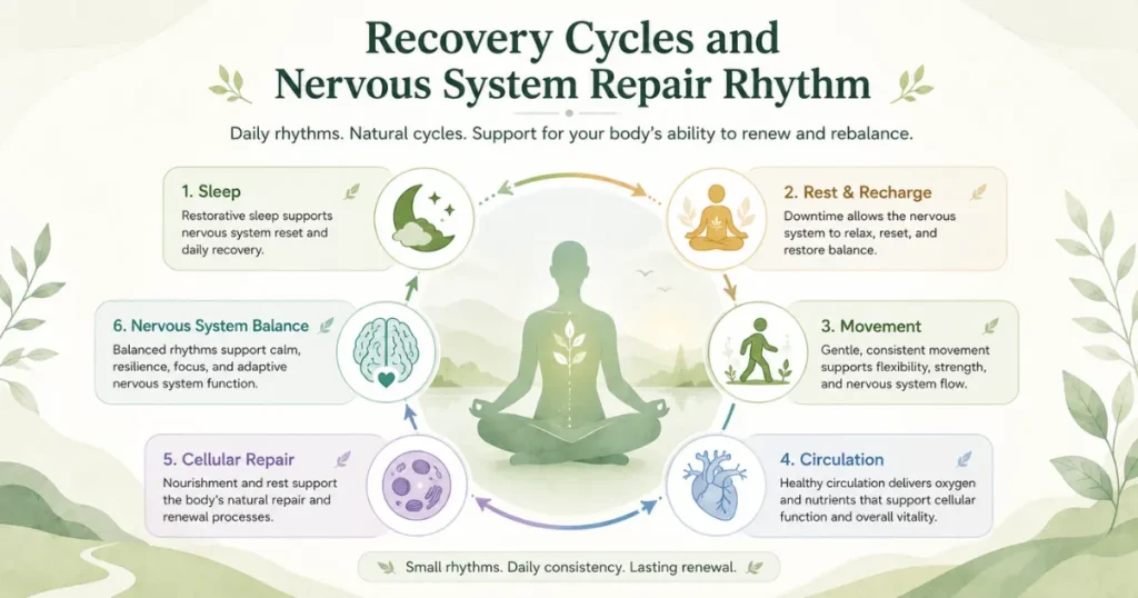 Recovery cycles and nervous system repair rhythm with sleep, rest, movement, cellular repair, and balance signals