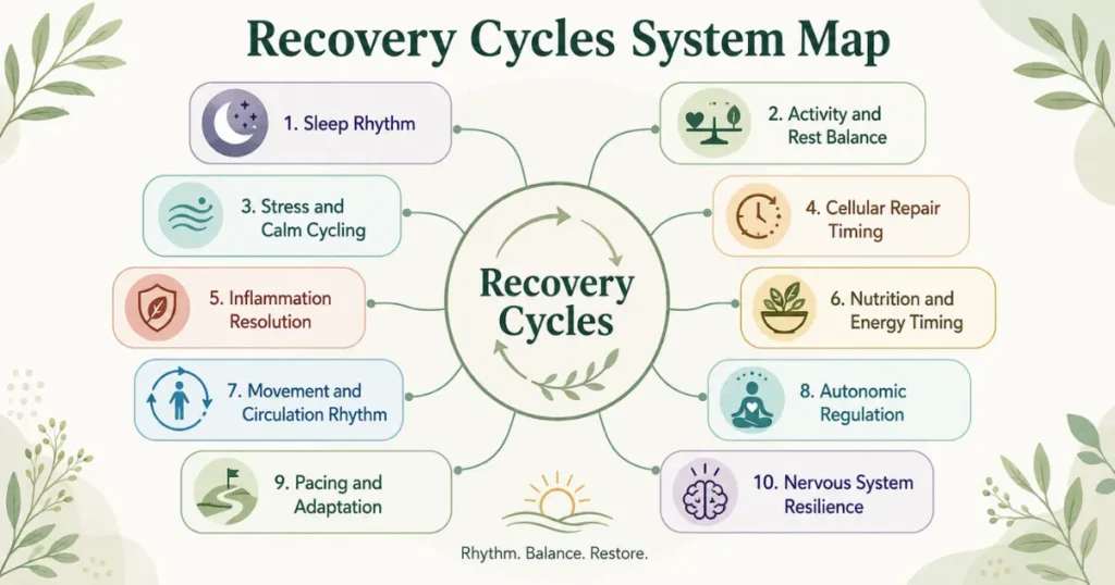 Recovery cycles connect daily rhythm, repair timing, pacing, and nervous system resilience.