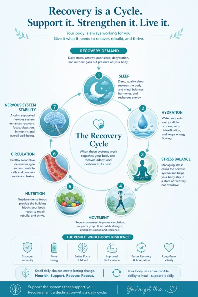 Recovery Demand and Body Support Systems Wellness infographic showing sleep stress movement and recovery balance