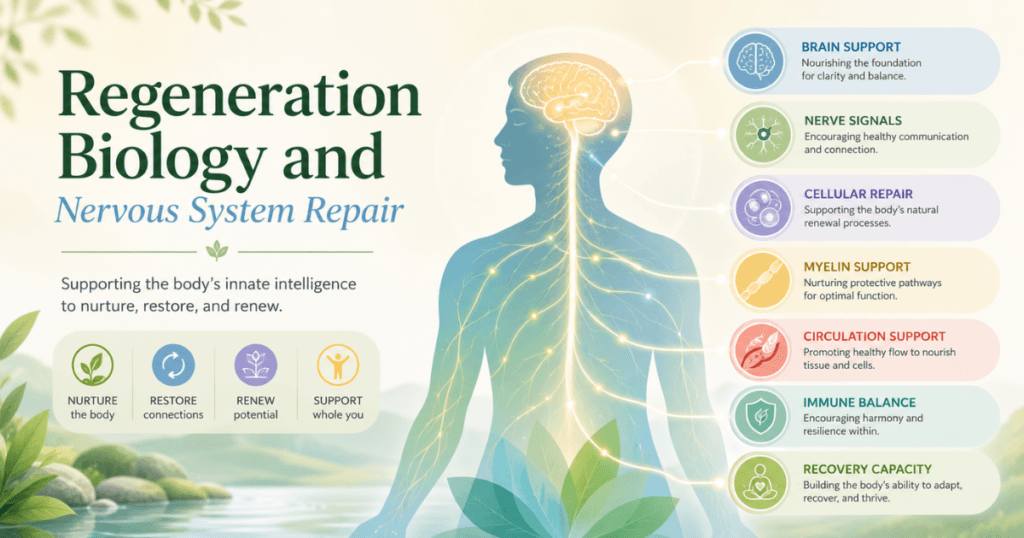 regeneration-biology-hero. Soft educational illustration showing Regeneration Biology with the brain, spinal cord, nerve signals, cell repair, myelin support, blood flow, and recovery capacity.
