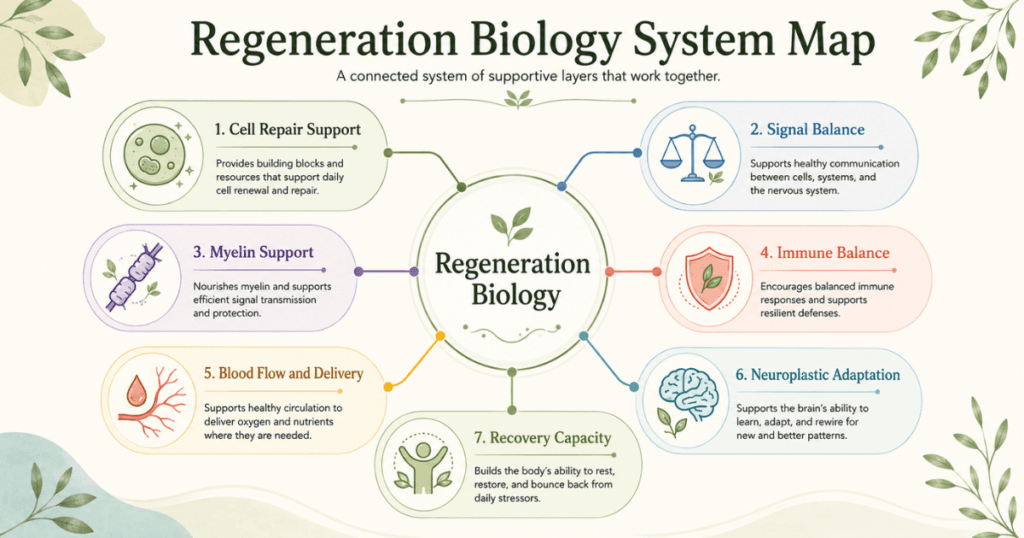 regeneration-biology-system-map. System map with Regeneration Biology in the center connected to cell repair, signal balance, myelin support, immune balance, blood flow, neuroplastic adaptation, and recovery capacity.