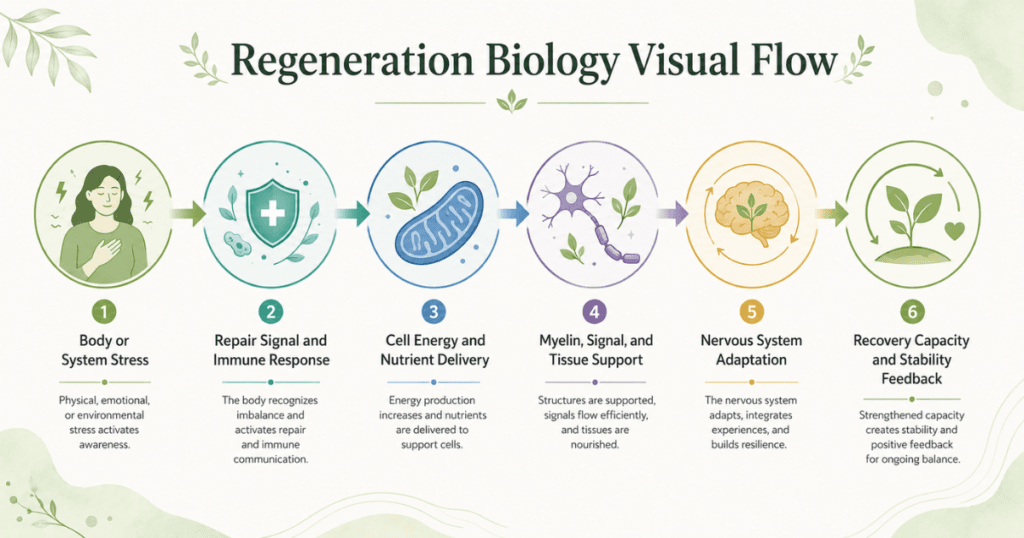 regeneration-biology-visual-flow. Flow infographic showing body or system stress leading to repair signals, cell energy, nutrient delivery, myelin support, signal support, nervous system adaptation, and recovery feedback.