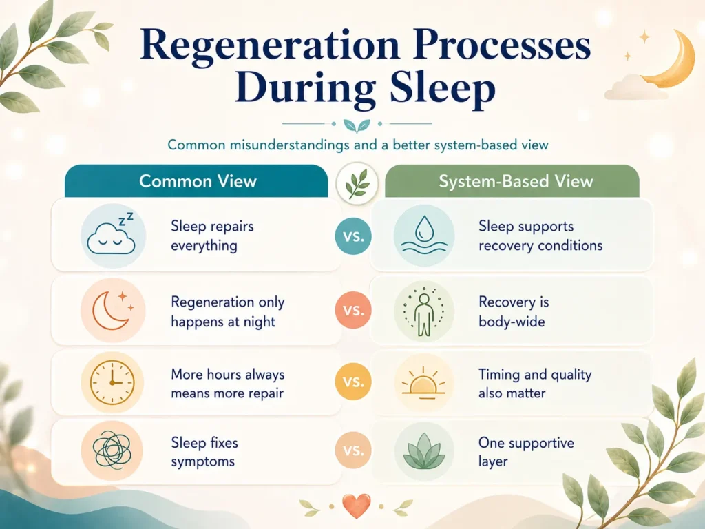 Comparison infographic showing common misunderstandings about Regeneration Processes During Sleep with better system-based explanations