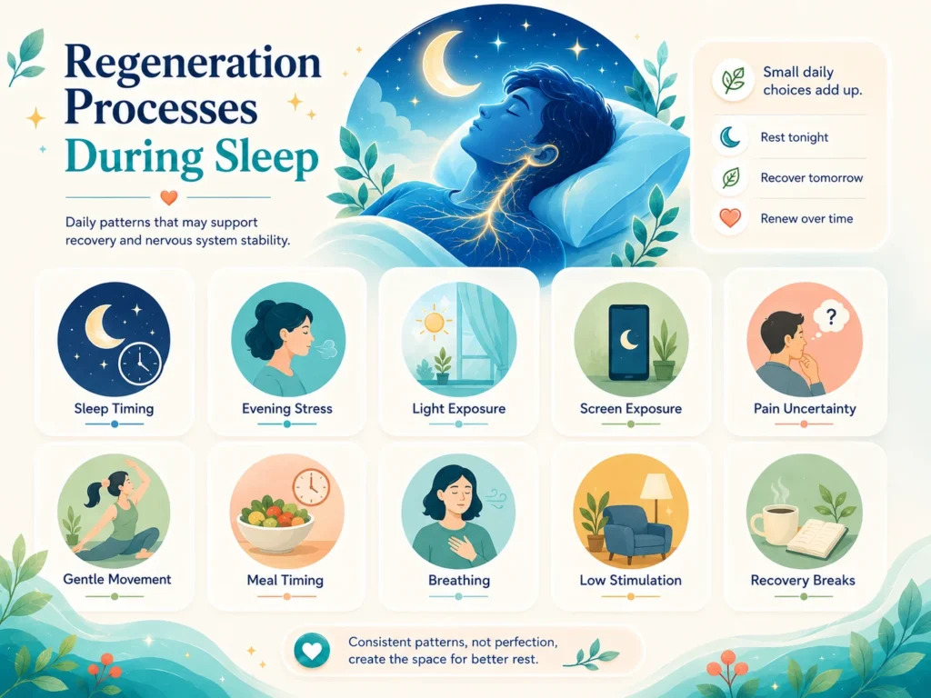 Daily patterns that may influence Regeneration Processes During Sleep including sleep timing, evening stress, light exposure, pain uncertainty, meals, movement, and recovery breaks