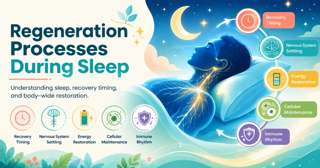 Regeneration Processes During Sleep educational illustration showing sleep rhythm, recovery timing, cellular repair signals, nervous system settling, and energy restoration