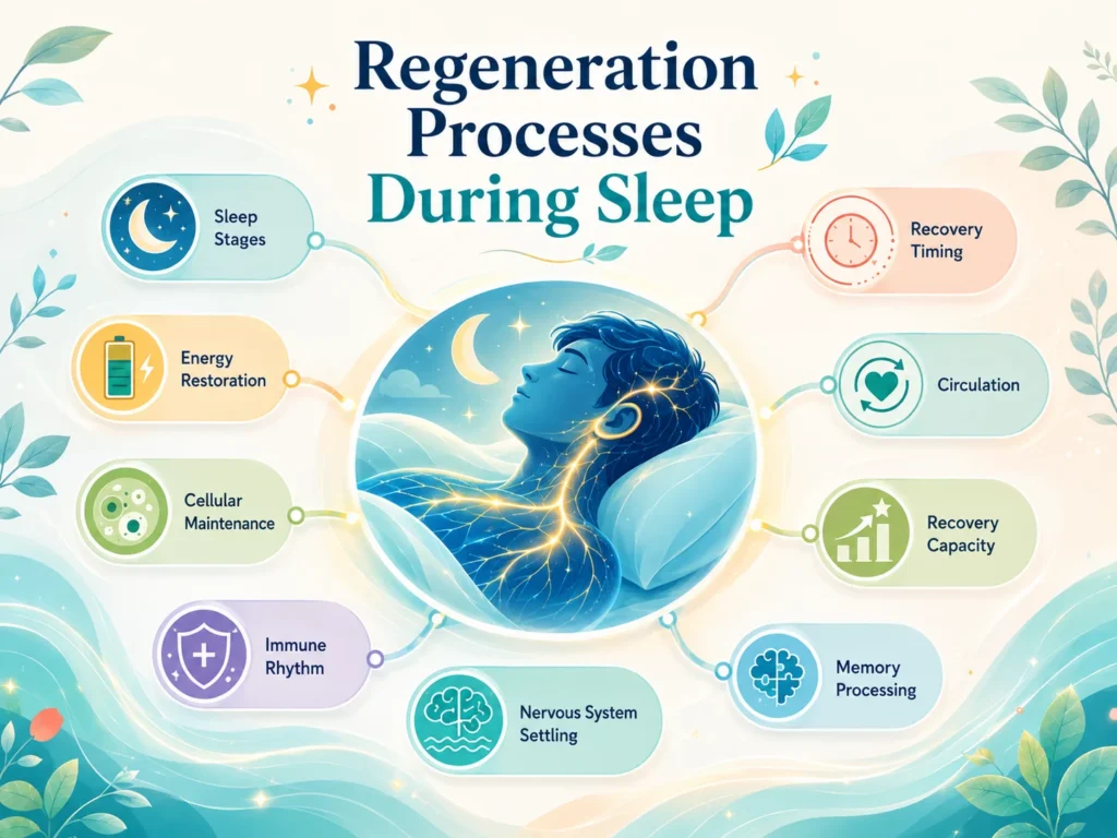 Regeneration Processes During Sleep system map showing sleep stages, energy restoration, cellular maintenance, immune rhythm, nervous system settling, and recovery capacity