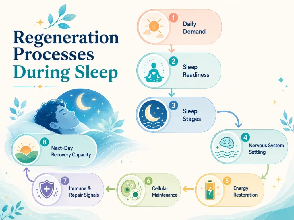 Regeneration Processes During Sleep visual flow from daily demand to sleep readiness, sleep stages, nervous system settling, energy restoration, cellular maintenance, and recovery capacity