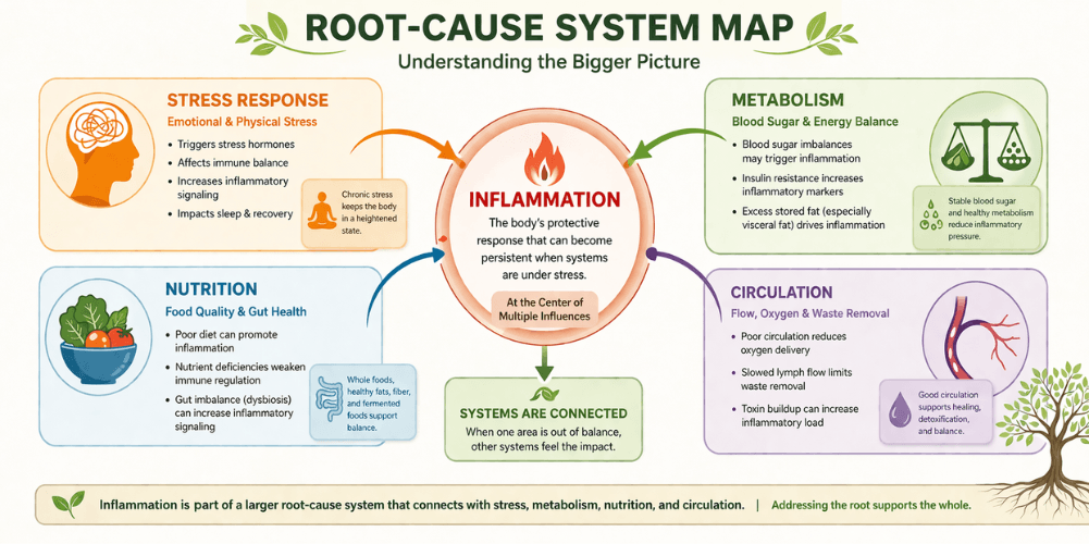 Root-cause system map connecting inflammation, stress, metabolism, nutrition, and circulation