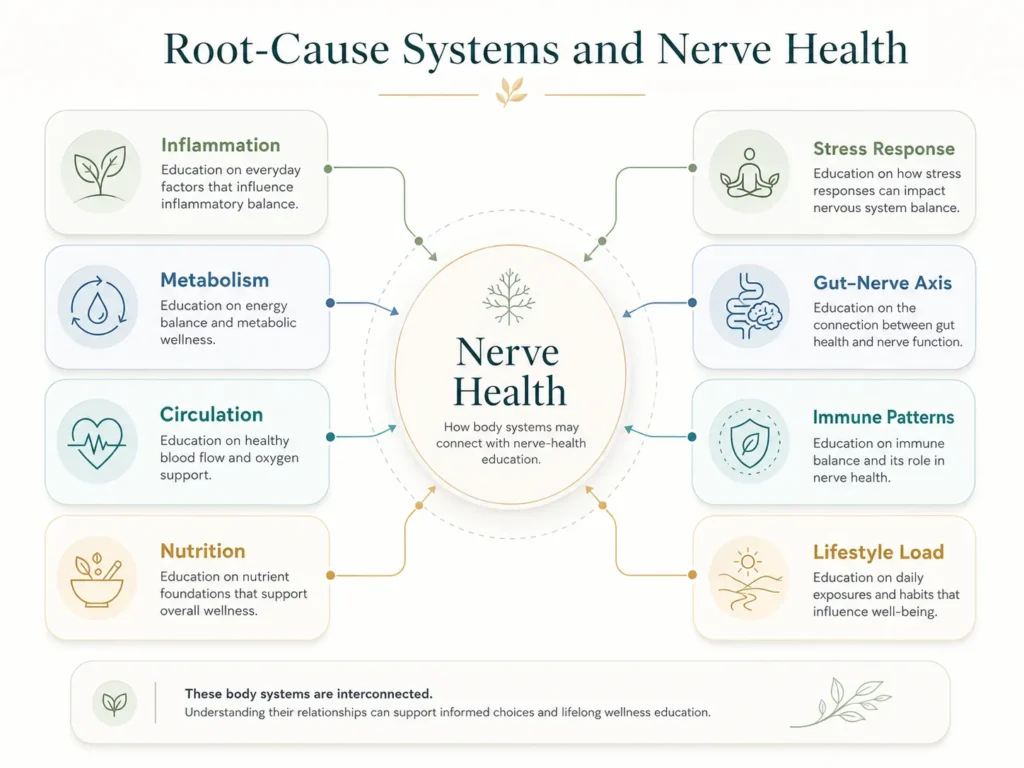 Root-Cause Systems and Nerve Health Map Root-cause systems map showing inflammation, metabolism, circulation, nutrition, stress, gut, immune, and lifestyle factors