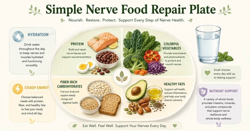 Simple Nerve Food Repair plate with protein, colorful vegetables, fiber-rich carbohydrates, healthy fats, and water