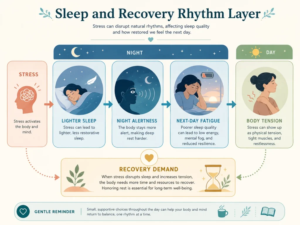 Sleep and Recovery Rhythm Layer infographic showing stress, lighter sleep, night alertness, next-day fatigue, body tension, and recovery demand in Trauma and Stress Healing