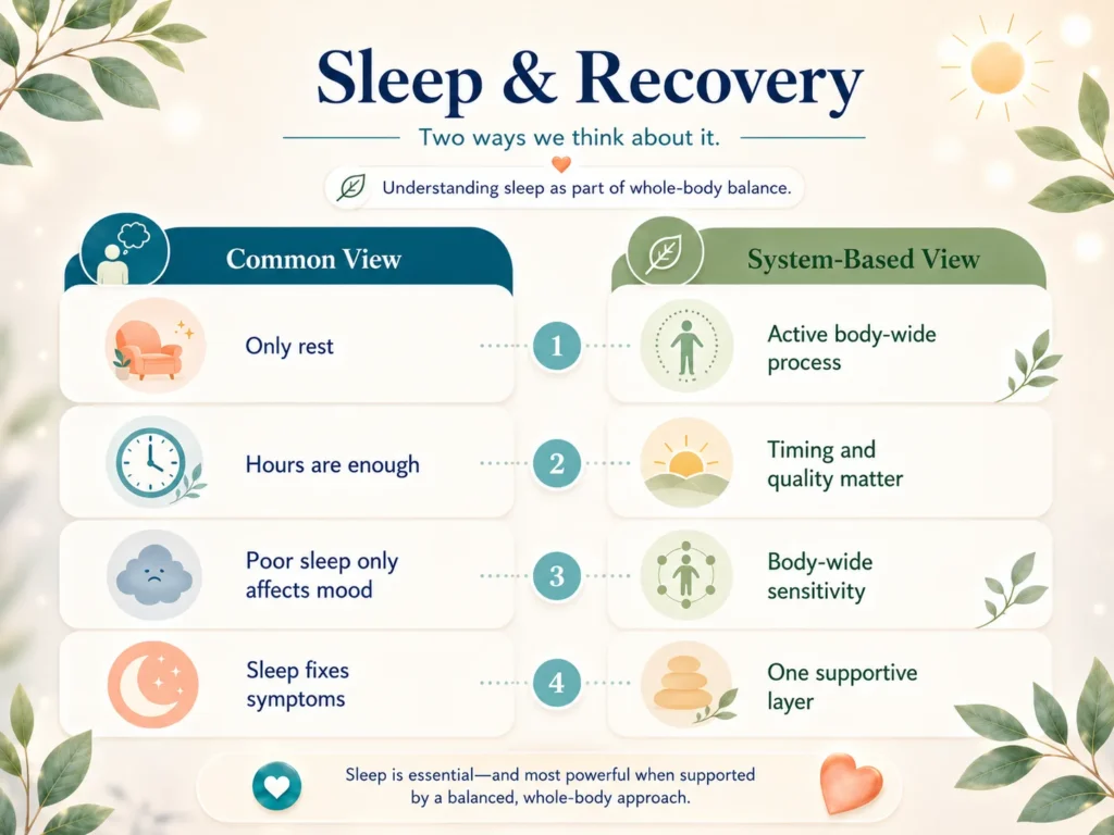 Comparison infographic showing common misunderstandings about Sleep & Recovery with better system-based explanations