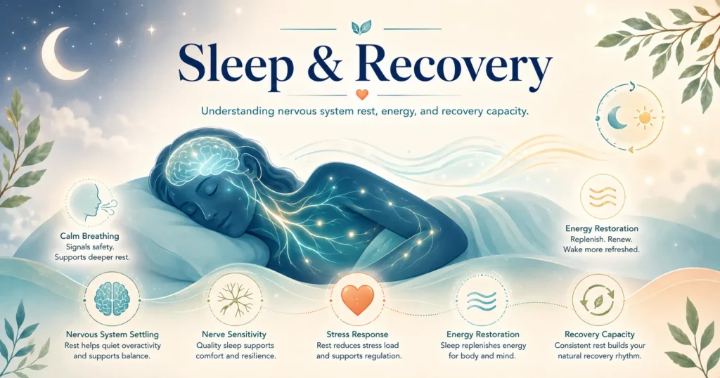 Sleep & Recovery educational illustration showing sleep rhythm, nervous system settling, energy restoration, and recovery capacity