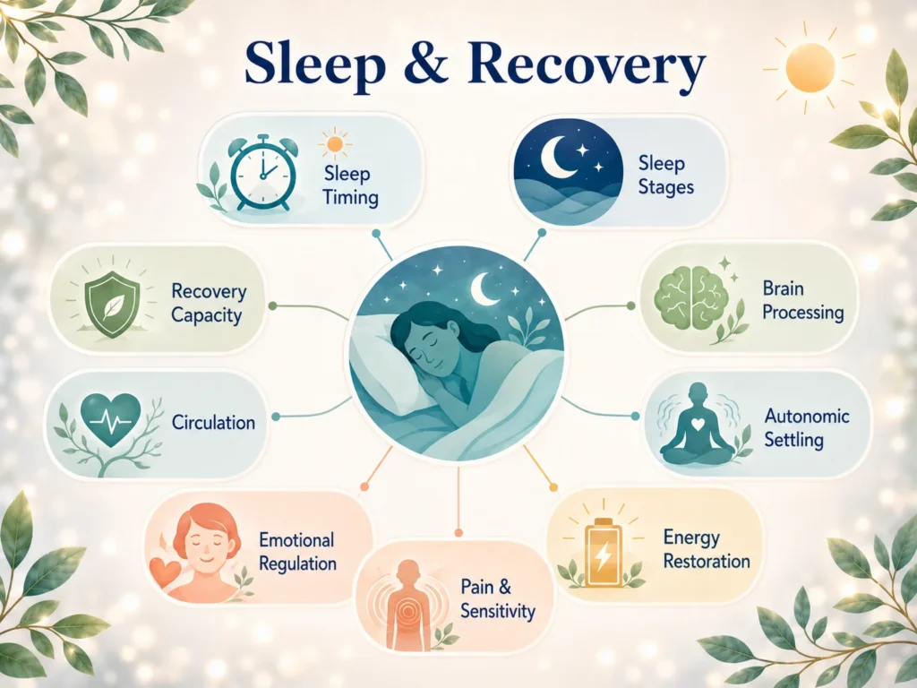 Sleep & Recovery system map showing sleep timing, sleep stages, brain processing, autonomic settling, energy restoration, pain sensitivity, and recovery capacity