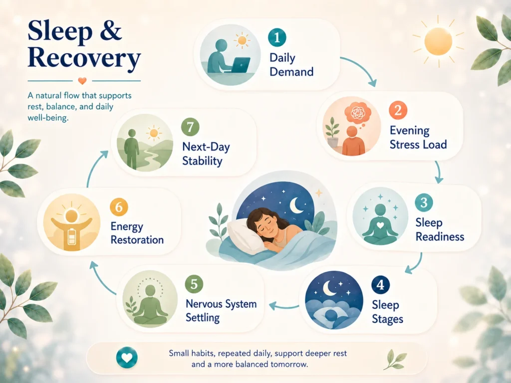 Sleep & Recovery visual flow from daily demand to sleep readiness, sleep stages, energy restoration, nervous system settling, and next-day stability
