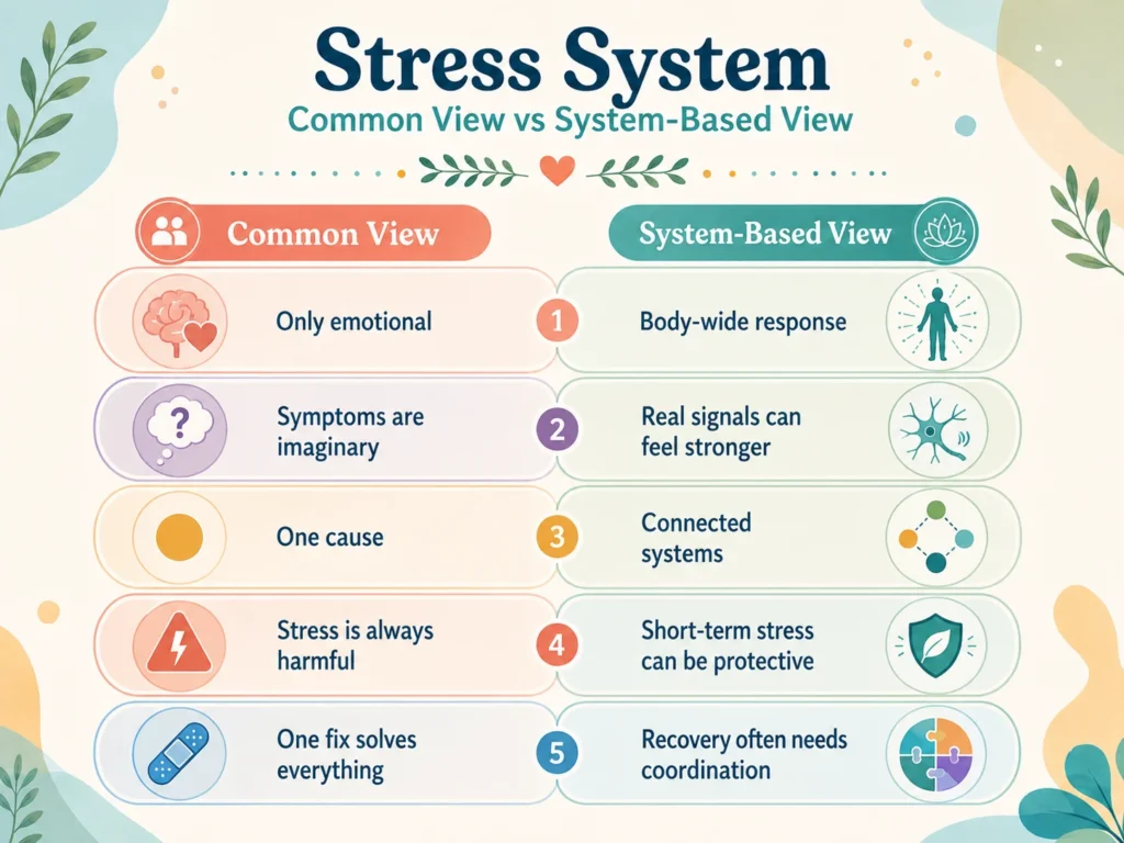 Common Misunderstandings About the Stress System Comparison infographic showing common misunderstandings about the Stress System and better system-based explanations